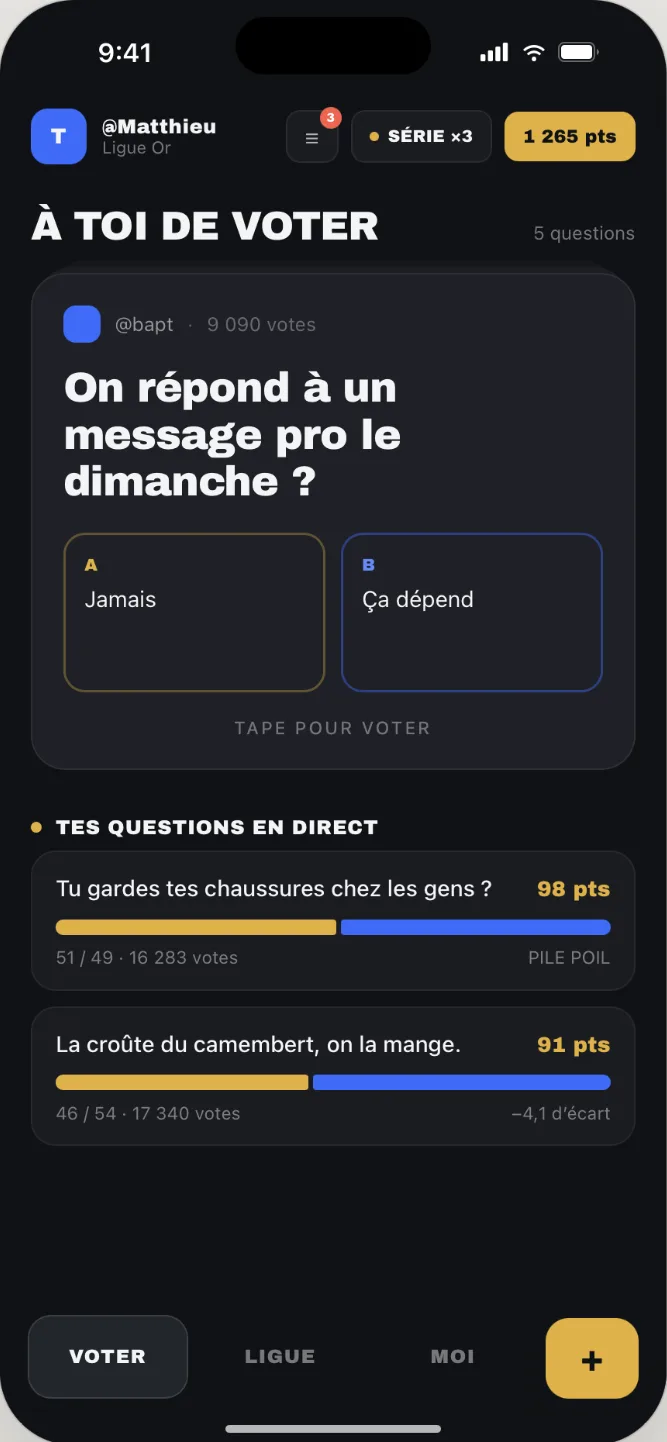 Écran PILE POIL présentant une question avec deux réponses